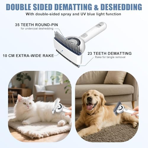 Double-Sided Pet Deshedding Dematting Comb, Steam Brush with 2 Spray Levels - Image 2