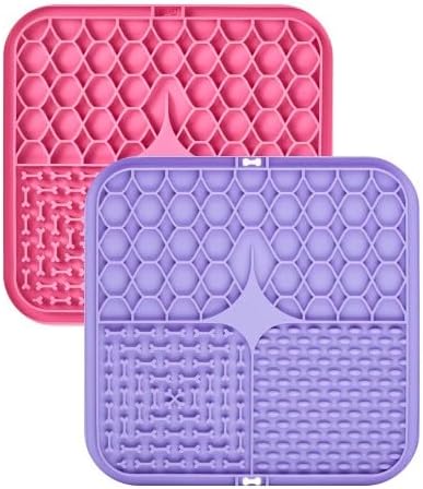 2 Pack Anti-Slip Licking Mat, Pet Food Mat Waterproof Puppy Feeding Mat, Slow Feeder Dog/Cat Bowl, Cat Licking Mat to Relieve Anxiety with Raised Edges (Pink+Purple)（6"×6"）