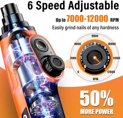 Casfuy Smart 6-Speed Dog Nail Grinder - 50% More Power Pet Nail Grinder with 2 LED Lights Quiet Rechargeable Electric Dog Nail Trimmers File Toenail Grinder for Large Medium Small Dogs & Cats(Orange) - Image 2