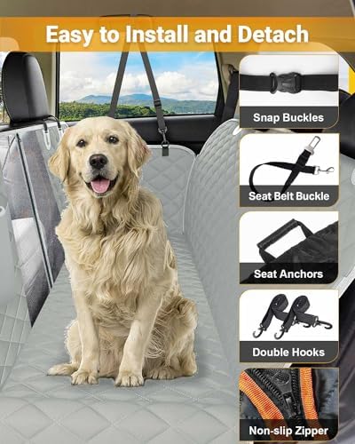 Victoper Dog Car Seat Cover, 600D Heavy Dute Car Seat Cover for Dogs Pets, 100% Waterproof Anti-Scratch Nonslip Dog Hammock for Cars, Seat Covers Protector with Seatbelt for Sedan SUV Truck XL Gray - Image 2