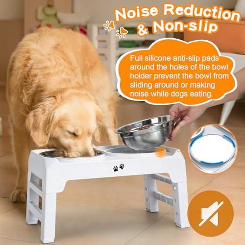 COMESOON Elevated Dog Bowls, 4 Height Adjustable Raised Bowl Stand with 2 Thick 50oz Stainless Steel Food Bowls Non-Slip Feeder Adjusts to 3.7'', 9.2'', 10.75'', 12.36'' White - Image 5
