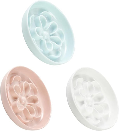 Melamine Cat Slow Feeder Bowl Set - Floral Maze Food Dishes for Cats and Small Dogs - Shallow Wide Plates for Dry & Wet Food - 3 Pack - White & Pink & Blue