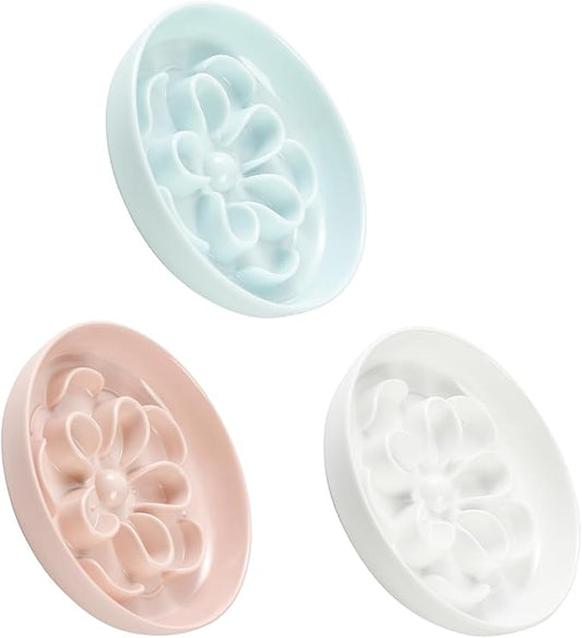 Melamine Cat Slow Feeder Bowl Set - Floral Maze Food Dishes for Cats and Small Dogs - Shallow Wide Plates for Dry & Wet Food - 3 Pack - White & Pink & Blue