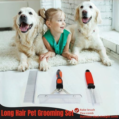 3-Pack Long-Tooth Pet Brush Set - Dog Rake Brush & Steel Shedding Comb & Double-Sided Teech Comb for Double Coat Large Dogs, Horses - Image 2