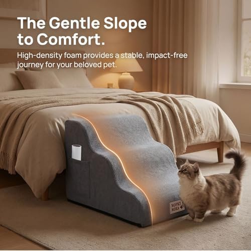 3-Step Dog Stairs for Small Dogs & Cats, 15.7" H Non-Slip Pet Steps with Side Storage Pocket, Sturdy High Density Foam Dog Ramp for Sofa, Couch & Chair, Washable Cover, Grey - Image 2
