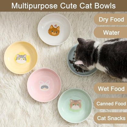 Ceramic Cat Bowls Set - 5.7 inch Cat Food Bowls Whisker Fatigue Friendly, 5 Wide Cats Plates for Wet Food Dry Food Water - Image 4