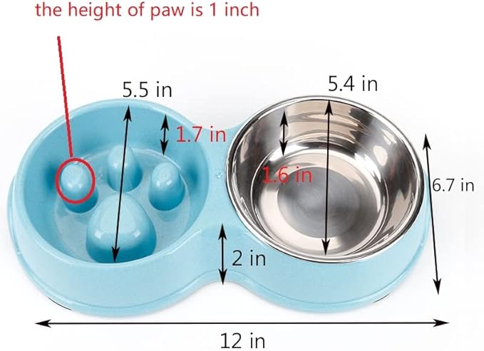 Slow Feeder Dog cat Double Bowl Stainless Steel and Anti-Choking Blue