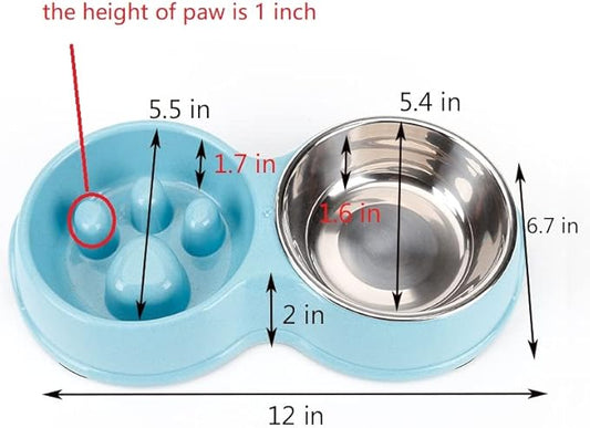 Slow Feeder Dog cat Double Bowl Stainless Steel and Anti-Choking Blue
