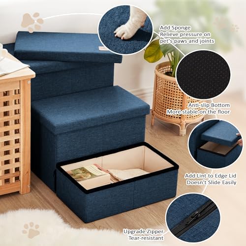 Love's cabin Dog Stairs for High Bed, Foldable Pet Stairs for Small Medium or Large Dogs Puppy with Storage for Bed or Couch, Cat Dog Steps Ramp with Zip up to 200 lbs, Navy Blue, 3 Steps - Image 4