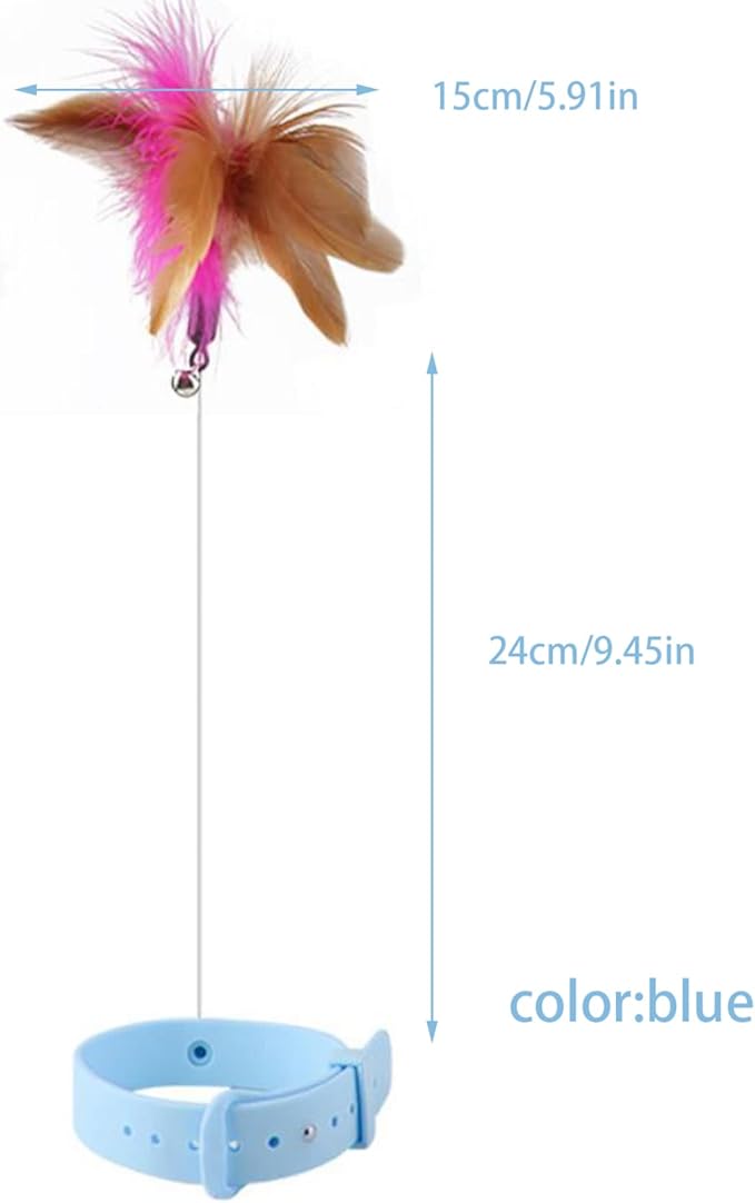 Interactive Cat Toy, Cat Teaser Wand, Silicone Collar, Feather Toys for Kitten Play, Blue
