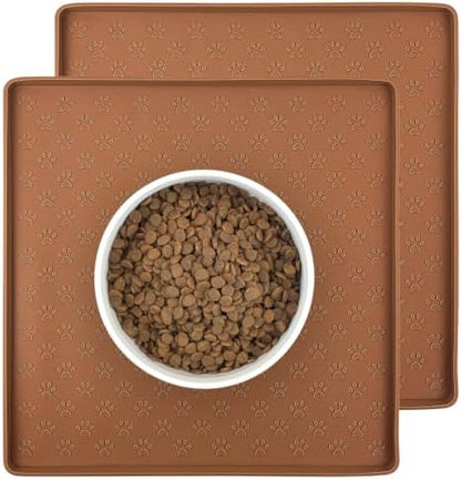 2 Pack Pet Placemat for Dog and Cat, Waterproof Silicone Pet Feeding Bowl Mats for Food and Water, Small Medium Large Dogs Mat Prevent Residues from Spilling to Floor, Brown, 11.8"x11.8" by PTLOM