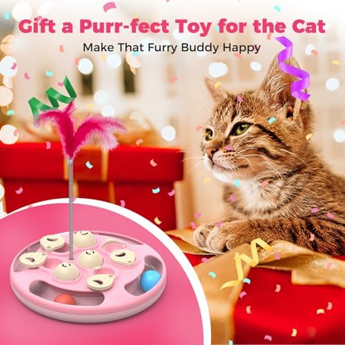 3 in 1 Cat Treat Puzzle Feeder, Level 3 Interactive Cat Puzzle Toy with Track Balls, Feather Teaser & Slow Feeder Insert, Non-Slip Base, Mental Stimulation for Bored Indoor Cats, Pink - Image 7