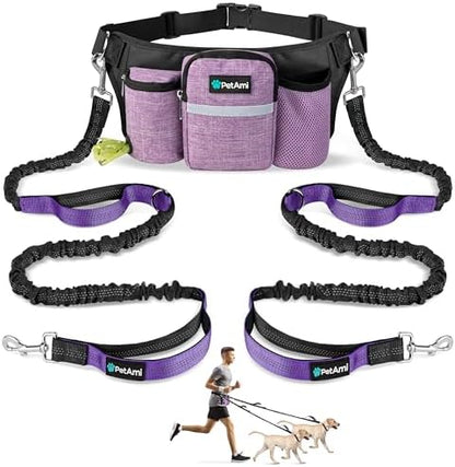 PetAmi Premium Hands Free Dog Leash for 2 Dogs, Adjustable Waist Belt Leash for Dog Walking, Fanny Pack Accessories Bag Dual Bungee Leash for Running, Hiking, Jogging, Biking, Purple by PetAmi