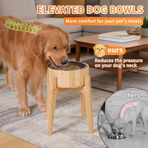 Elevated Dog Bowls for Large Dogs Feeder Two Bowls with a Stainless Steel and Bamboo Dishes，Raised Dog Bowl Stand with Non-Slip Feet，Ideal for Medium and Large Breeds， (13.5-inch High) - Image 6