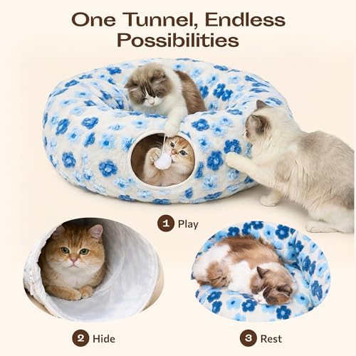 Meowfia Indoor Cat Tunnel with Donut Bed - Large Flexible Play Space for Multiple Pets - Circle or Snake Shape, Cozy Lounge (Blue Blossom) - Image 3