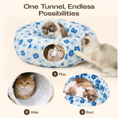 Meowfia Indoor Cat Tunnel with Donut Bed - Large Flexible Play Space for Multiple Pets - Circle or Snake Shape, Cozy Lounge (Blue Blossom) - Image 3