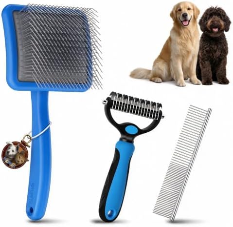Large 3 in 1 Dog Grooming Kit, Extra Long Pin Slicker Brush, Blue by YOYUPETA