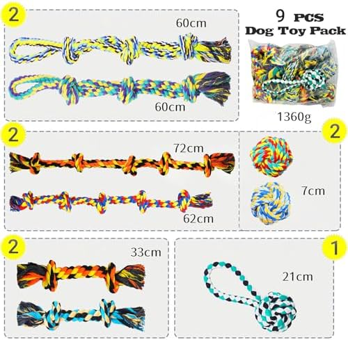 Speedy Panther 9 Pack Large Dog Rope Toys for Aggressive Chewers, 5 Knots Indestructible Chew Toy Kit for Medium Large Dogs, Puppy Teething Tug Toy, Colourful Cotton Dog Rope Toys - Image 3