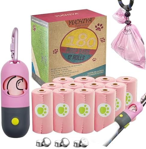 Dog Poop Bags Holder with LED Flashlight|Pet Waste Bags Dispenser for Leash|Doggie Potty Bags Container with Leak-proof Pet Trash Bags and Accessories (1 Holder 195 Bags, Pink) by YUCHIYA