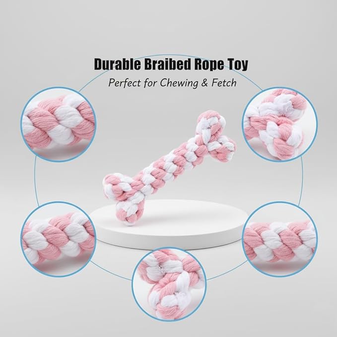 Dog Rope Toys Set with Bone-Shaped Chew Toy, Durable Cotton Rope Toys for Teething, Training, and Interactive Play for Small to Medium Dogs (Pink & White), 3 Piece-Set