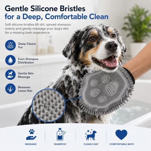2-in-1 Dog Washing Glove, Silicone Bath Scrubber & Chenille Pet Towel, Dog Bath Glove for Bathing, Grooming & Hair Removal - Image 6