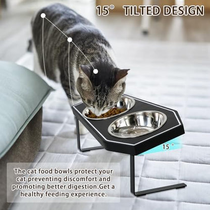 Cat Food Bowls Elevated, Gothic Cat Bowls, Raised Cat Bowls for Indoor Cats with Non-Slip Stand & Wood Board, Stainless Steel and Whisker Friendly Food Bowls - Image 4