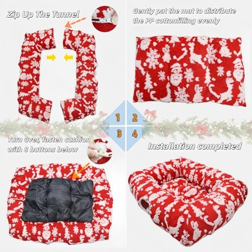 Extra Large Cat Tunnel Bed for Indoor Cats with Warm Mat,Cat Toys Cave Dount Tube for Xmas Decor Red - Image 6