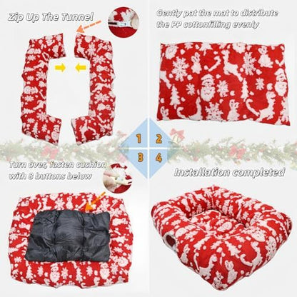 Extra Large Cat Tunnel Bed for Indoor Cats with Warm Mat,Cat Toys Cave Dount Tube for Xmas Decor Red - Image 6