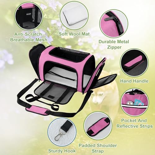 Soundy Large Cat Carrier Dog Carrier Under 25 Lbs,Collapsible Ventilated Portable Pet Bag with Soft Sided Breathable Mesh for Long Car Trips Maxi Load 2 Kittens or Small, Medium Dog (Large Pink) - Image 4