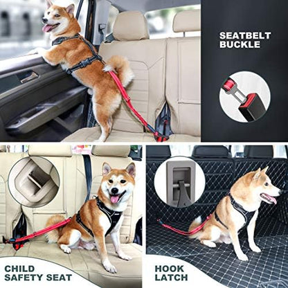 IOKHEIRA Dog Seat Belt 3-in-1 Car Harness for Pets Adjustable Safety Seatbelt Nylon Reflective Bungee Fabric Dog Car Harness with Clip Hook Latch & Buckle, Swivel Zinc Alloy Carabiner Red - Image 6