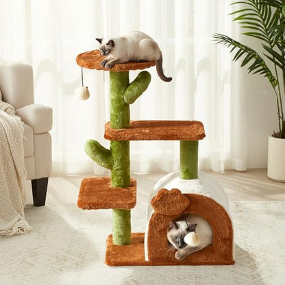 Cactus Cat Tree for Indoor Cats with Cozy Condo Wide Top Perch 27.5", Multi-Level Cat Tower with Climbing and Lounging Space Plush, Toy Ball, Brown by FansaFurn