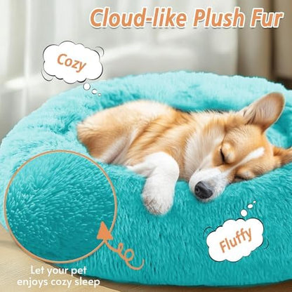 JOLLYVOGUE Calming Dog Bed Medium Size Dog, Anti-Anxiety Donut Medium Pet Bed, 27 inches Fluffy Faux Fur Round Cat Bed (Aqua Blue) - Image 2