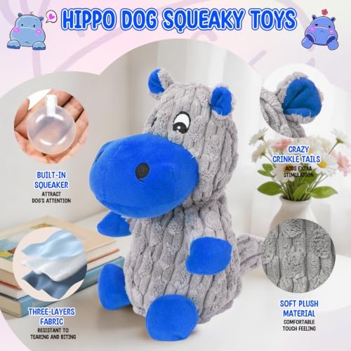 loncoldy Squeaky Dog Toys, Tough Stuffed Animals Hippo Chew Toy Blue - Image 6