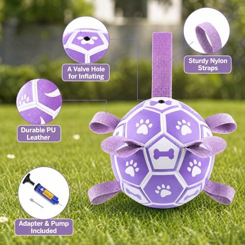 Dog Toys Balls, Dog Soccer Ball with Straps, Dog Birthday Gifts, Durable Balls for Small Medium Pet, Puppy Outdoor Toy, Pet Training Soccer Ball, World Cup Soccer (7.25 Inch) (Purple, Large) - Image 2