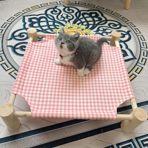 Pozico Elevated Cat & Dog Bed – Wooden Frame Pet Hammock for Small Dogs & Cats, Indoor/Outdoor Raised Bed with Breathable Mesh, Portable Pet Cot Furniture – Pink Grid - Image 2