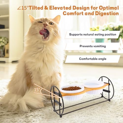 Elevated Adjustable Cat Bowl Set with 2 Dishes for Cats & Small Dogs - Anti-Vomiting,15° Tilted and Rasied Bowls with Non-Slip Design, Food-Grade Ceramic, Easy to Clean - Image 3