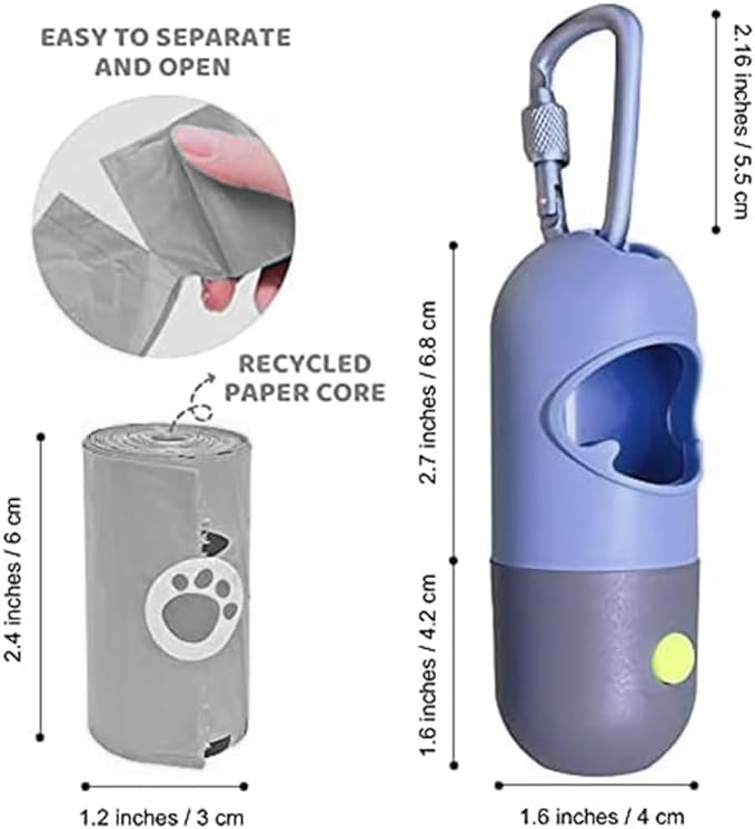 Dog Poop Bag Dispenser with Built-in LED Flashlight and Metal Clip for Leash, Pet Waste Bag Holder, Dog Walking Accessory (Purple)