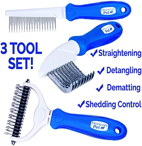 Ultimate Pet Dematting & Deshedding Set - 3 in 1 Grooming Tool Set - Dual Sided Undercoat Rake, Dematting Razor Comb & Detangling Pet Comb - Image 2