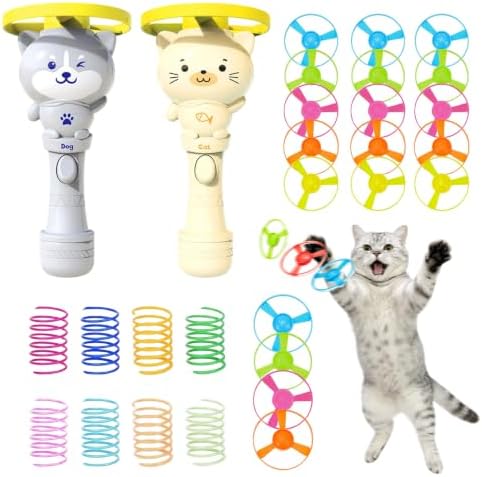 Cat Fetch Toy Flying Disc Cat Propeller Toy Set 2 Launchers 19 Discs 8 Springs Glow in the Dark Fast Reload Interactive Launcher for Indoor and Outdoor by Unknown