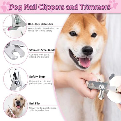 Dog Brush Grooming Kit 6PCS Dog Brush for Shedding-Dogs Brushes for Grooming, Dematting Comb for Dogs, Nail Clipper with Nail File, Flea Comb, Cat Bath Brush-Pink - Image 5