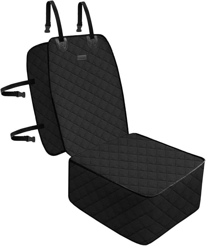 FURHAB Dog Car Front Seat Cover with Side Flaps & Buckle Straps for Pet, 100% Waterproof 600D Oxford Single Seat Protector Heavy Duty Quilted Scratch Proof, Universal Size for SUV Truck, Black
