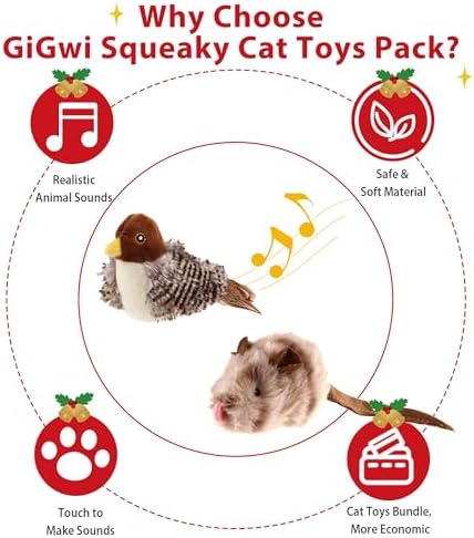 Gigwi Automatic Cat Toys Pack, Interactive Electronic Squeaky Animals Bird and Mouse, Plush Toys for Cats to Play Alone, 2 Pcs - Image 3