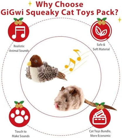 Gigwi Automatic Cat Toys Pack, Interactive Electronic Squeaky Animals Bird and Mouse, Plush Toys for Cats to Play Alone, 2 Pcs - Image 3