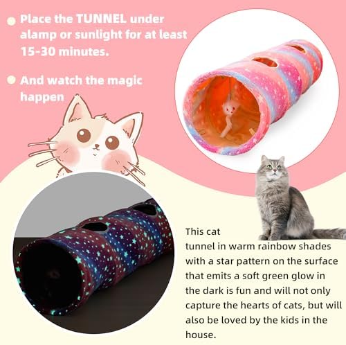 Cat Tunnels for Indoor Cats with Plush Toys Collapsible Glows in The Dark Dog Cat Tunnel Tube Toys Photoluminescent for Indoor Cats Small Dogs Puppy Kitten Rabbit Bunny Ferret Pet Rainbow - Image 4