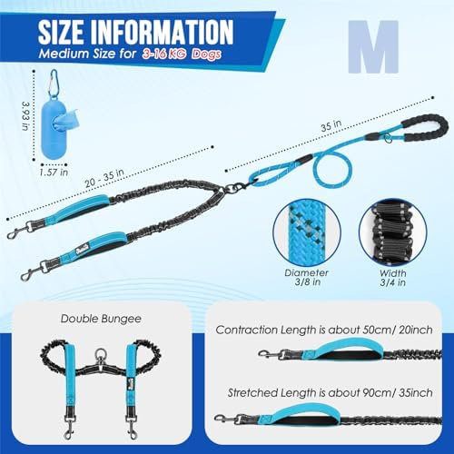 SlowTon Double Leash for Two Dogs, No Tangle & with Two Handles, Blue M - Image 5