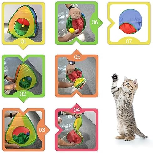 Andiker Cat Tent with a PlushBall, Colorful Foldable Polyester Cat Play Tents Match with Most Cat Tubes for Indoor Cats Game, Sleep, 3 Holes Convenient Kitten Nest for Indoor Kitten, Rabbit(Tent S) - Image 3