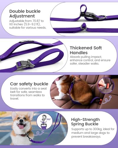 Hands Free Dog Leash with Car Seatbelt Set, 5.9-9.2ft, Purple - Image 4