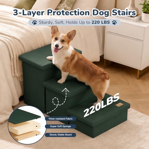 3-Step Wide Dog Stairs with Hidden Storage 18" H, Non-Slip Dog Steps for High Bed Couch Window Car, Jiont-Friendly Pet Stairs Ramp for Small/Medium/Large Old Dogs Cats Up to 200lbs, Dark Green - Image 4