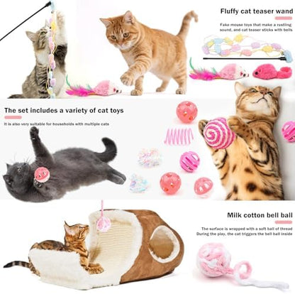 QUOZUO 16Pcs Cat Toy Set Pink Kitten Toys Pack Including Feather Teaser Interactive Wand Cat Springs Mice Crinkle Balls and Pet Bell Balls Toys for Bored Indoor Cats, Gift Box Styles (Pink) - Image 3