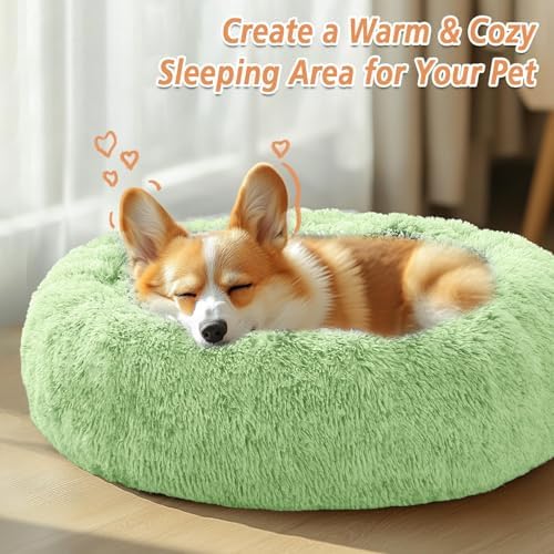 JOLLYVOGUE Calming Dog Bed for Small Dogs - 23 inches Donut Washable Small Dog Bed for Kittens & Puppies, Anti-Slip Round Fluffy Plush Faux Fur Cat Beds (Fits up to 25 lbs Pets, Light Green) - Image 5